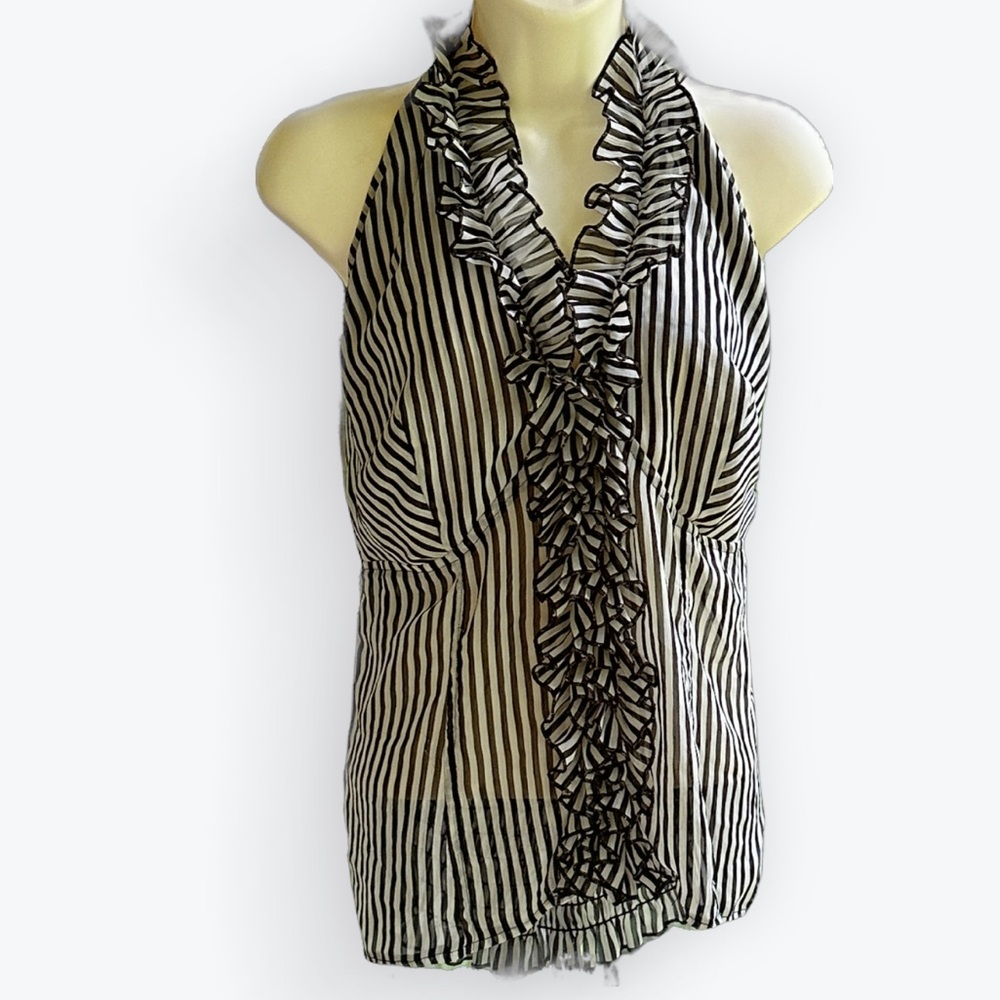 Boho Victorian-Era Look Steampunk Striped Sheer Ruffled Open-Back Halter Top ~1X